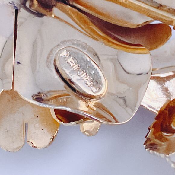 Signed Primex Mid Century Gold Tone Floral Brooch Earrings Set Leaf Flower - Picture 11 of 15